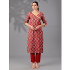 Red Hand Block Printed Cotton Kurta with Pants- Set of 2