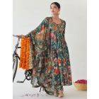 Green Printed Cotton Anarkali Suit - Set of 3