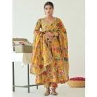 Yellow Printed Cotton Anarkali Suit - Set of 3