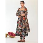 Black Printed Cotton Anarkali Suit - Set of 3