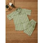 Green White Hand Block Printed Cotton Unisex Co-ord Set - Set of 2