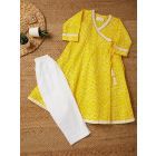 Yellow Bandhani Hand Block Printed Cotton Kurta with Pants - Set of 2