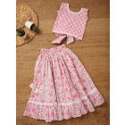 Pink White Hand Block Printed Cotton Top with Skirt - Set of 2