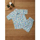 White Blue Hand Block Printed Cotton Unisex Co-ord Set - Set of 2