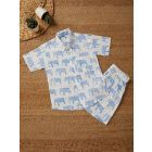 White Blue Hand Block Printed Cotton Unisex Co-ord Set - Set of 2