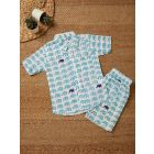 White Aqua Blue Hand Block Printed Cotton Unisex Co-ord Set - Set of 2