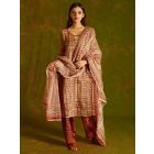 Maroon Beige Hand Block Printed Kota Doria Suit- Set of 3