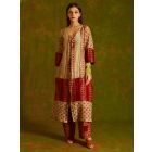 Maroon Beige Hand Block Printed Chanderi Shrug with Slip and Pants- Set of 2