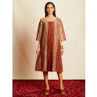 Maroon Beige Hand Block Printed Chanderi Dress with Slip