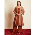 Maroon Beige Hand Block Printed Chanderi Kurta with Slip- Set of 2