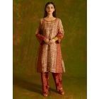 Maroon Beige Hand Block Printed Kota Doria Kurta with Slip and Pants- Set of 2