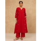 Red Embroidered Chanderi Mulmul Kurta with Pants - Set of 2