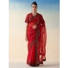 Red Embroidered Organza Saree with Underskirt- Set of 2