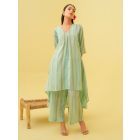 Mint Green Striped Cotton Kurta with Pants- Set of 2