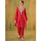 Red Embroidered Silk Kurta with Slip and Dhoti Pants- Set of 2