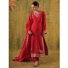 Red Aari Embroidered Silk Suit - Set of 3