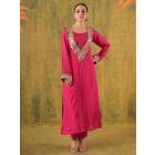 Pink Mirror Work Silk Kurta with Slip and Pants- Set of 2