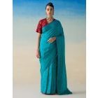 Turquoise Embroidered Silk Saree with Underskirt- Set of 2