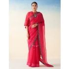 Magenta Embroidered Organza Saree with Underskirt- Set of 2