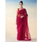 Wine Embroidered Organza Saree with Underskirt- Set of 2