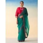 Green Embroidered Organza Saree with Underskirt- Set of 2