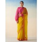 Yellow Embroidered Organza Saree with Underskirt- Set of 2