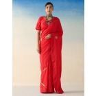 Red Embroidered Silk Saree with Underskirt- Set of 2