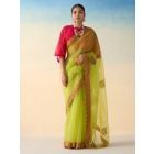 Lime Yellow Embroidered Organza Saree with Underskirt- Set of 2