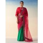 Green Embroidered Organza Silk Saree with Underskirt- Set of 2