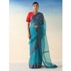 Turquoise Embroidered Organza Saree with Underskirt- Set of 2