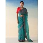 Turquoise Embroidered Organza Saree with Underskirt- Set of 2