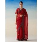 Red Embroidered Organza Saree with Underskirt- Set of 2