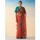 Red Embroidered Organza Saree with Underskirt- Set of 2