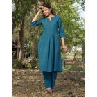 Blue Cotton Dobby Kurta with Pants- Set of 2