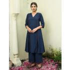 Navy Blue Cotton Dobby Kurta with Pants- Set of 2