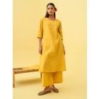 Yellow Pleated Cotton Slub Kurta with Pants- Set of 2