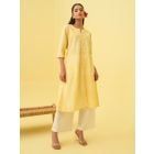 Lemon Yellow Printed Cotton Kurta with Pants- Set of 2