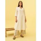 White Printed Cotton Dobby Kurta with Pants- Set of 2