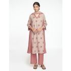 Beige Red Printed Chanderi Suit - Set of 3