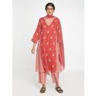 Red White Printed Chanderi Suit - Set of 3