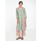 Teal Blue Pink Printed Chanderi Suit - Set of 3