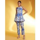 White Blue Printed Cotton Kurta