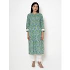 Green Hand Block Printed Cotton Kurta with Pants - Set of 2