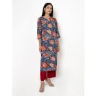 Blue Hand Block Printed Cotton Kurta with Pants - Set of 2