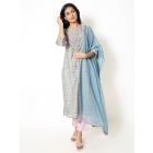 Blue Printed Chanderi Suit - Set of 3