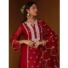 Red Embroidered Chanderi Kurta with Pants- Set of 2