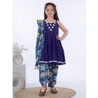 Royal Blue White Tiered Cotton Kurta with Hand Block Printed Afghani Pants and Dupatta - Set of 3