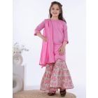 Pink Gota Cotton Lurex Kurta with Green Printed Sharara and Dupatta - Set of 3