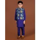 Royal Blue Cotton Kurta with Yellow Hand Block Printed Jacket and Pajama - Set of 3