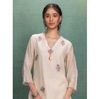 Beige Embroidered Chanderi Kurta with Pants- Set of 2